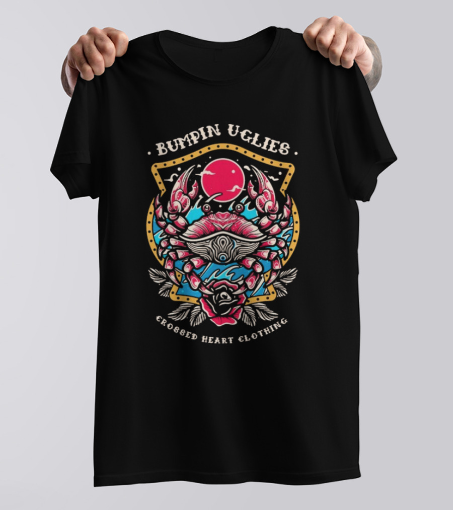 Bumpin Uglies Crossed Heart Clothing Shellraiser Crab Ocean Sun Roses T-Shirt