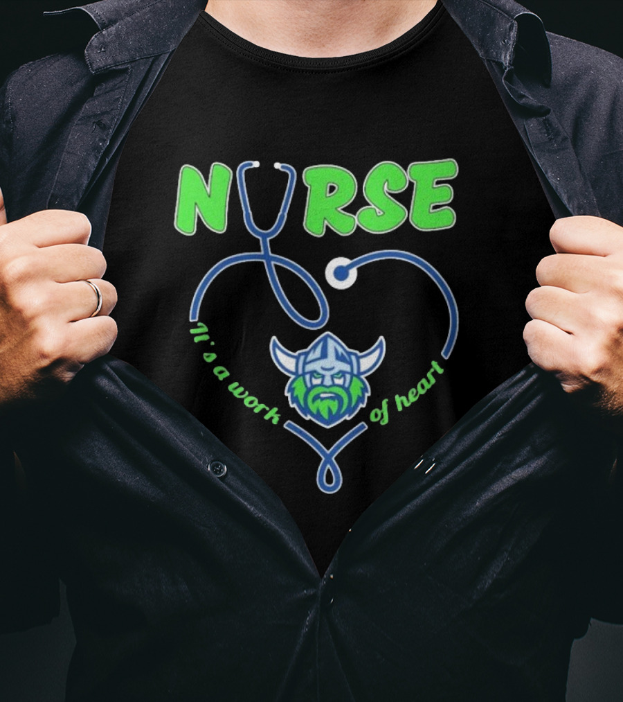 Nurse It's A Work Of Heart Canberra Raiders Stethoscope Viking Helmet T-Shirt