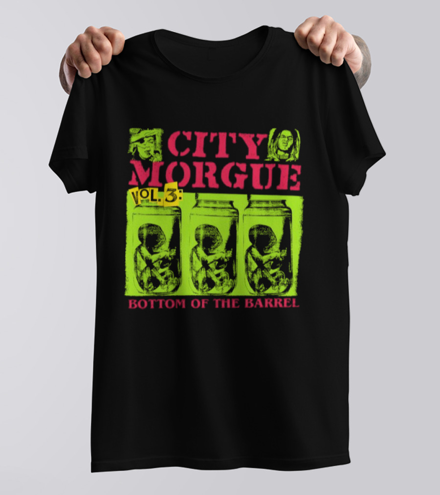 City Morgue Bottom Of The Barrel Green Neon Skeleton Illustrations T-Shirt