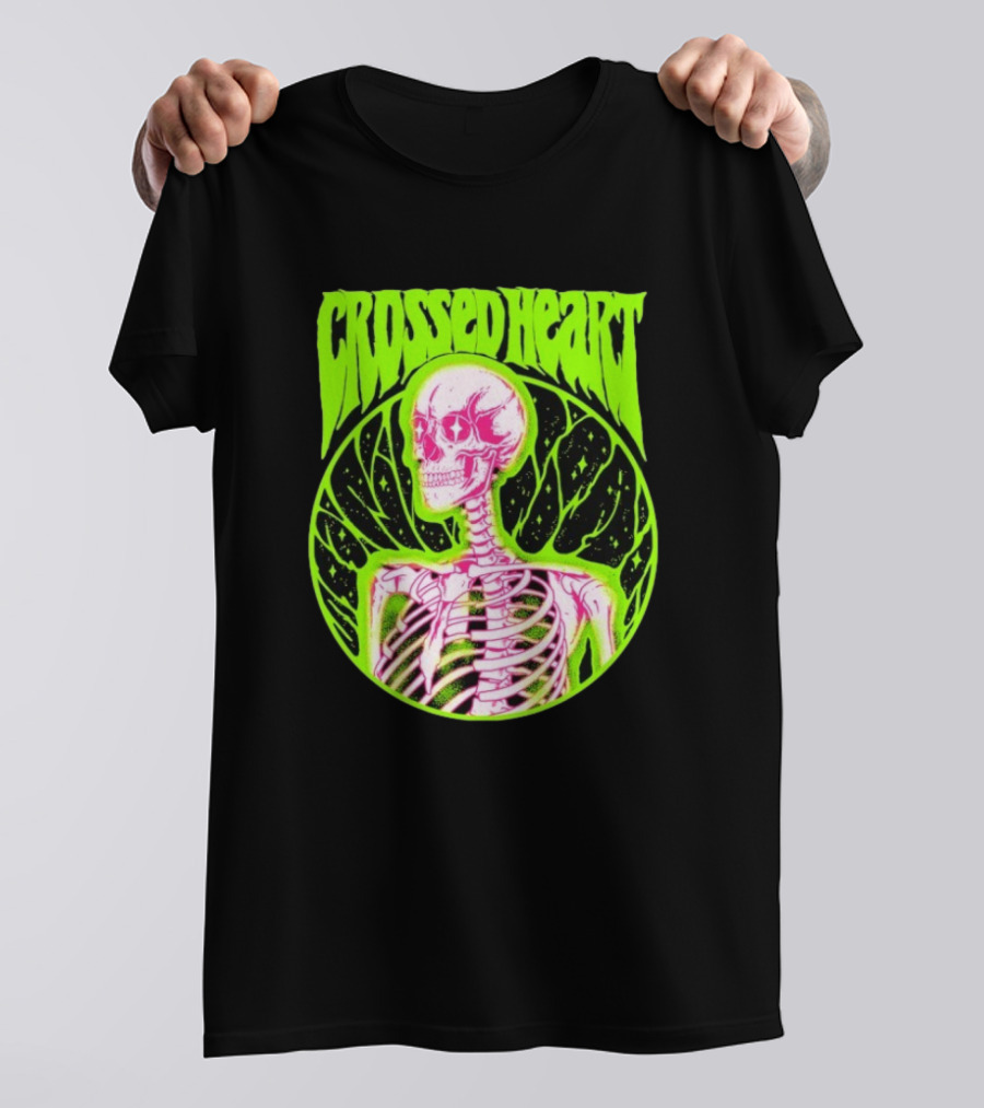 Crossed Heart Skeleton Neon Illustration T-Shirt