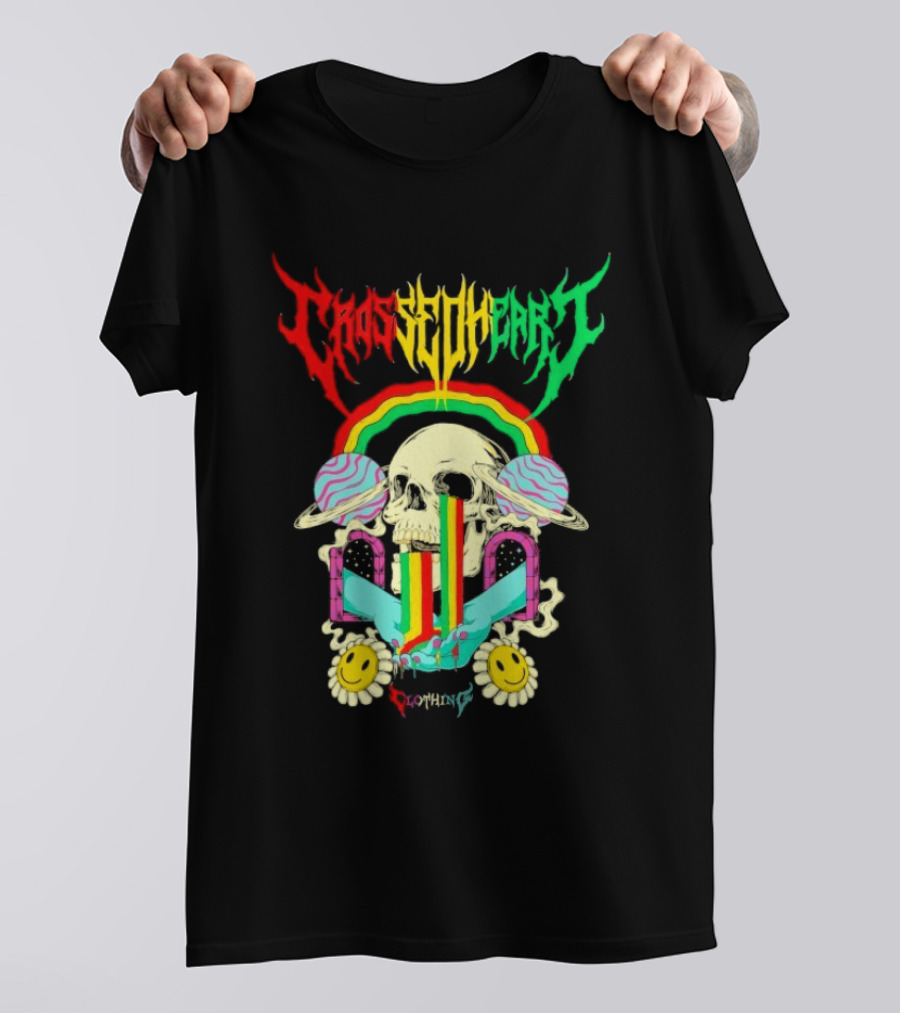 Crossed Heart Skull With Rainbow And Smiley Faces T-Shirt