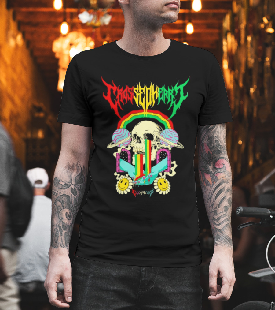 Crossed Heart Skull With Rainbow And Smiley Faces T-Shirt