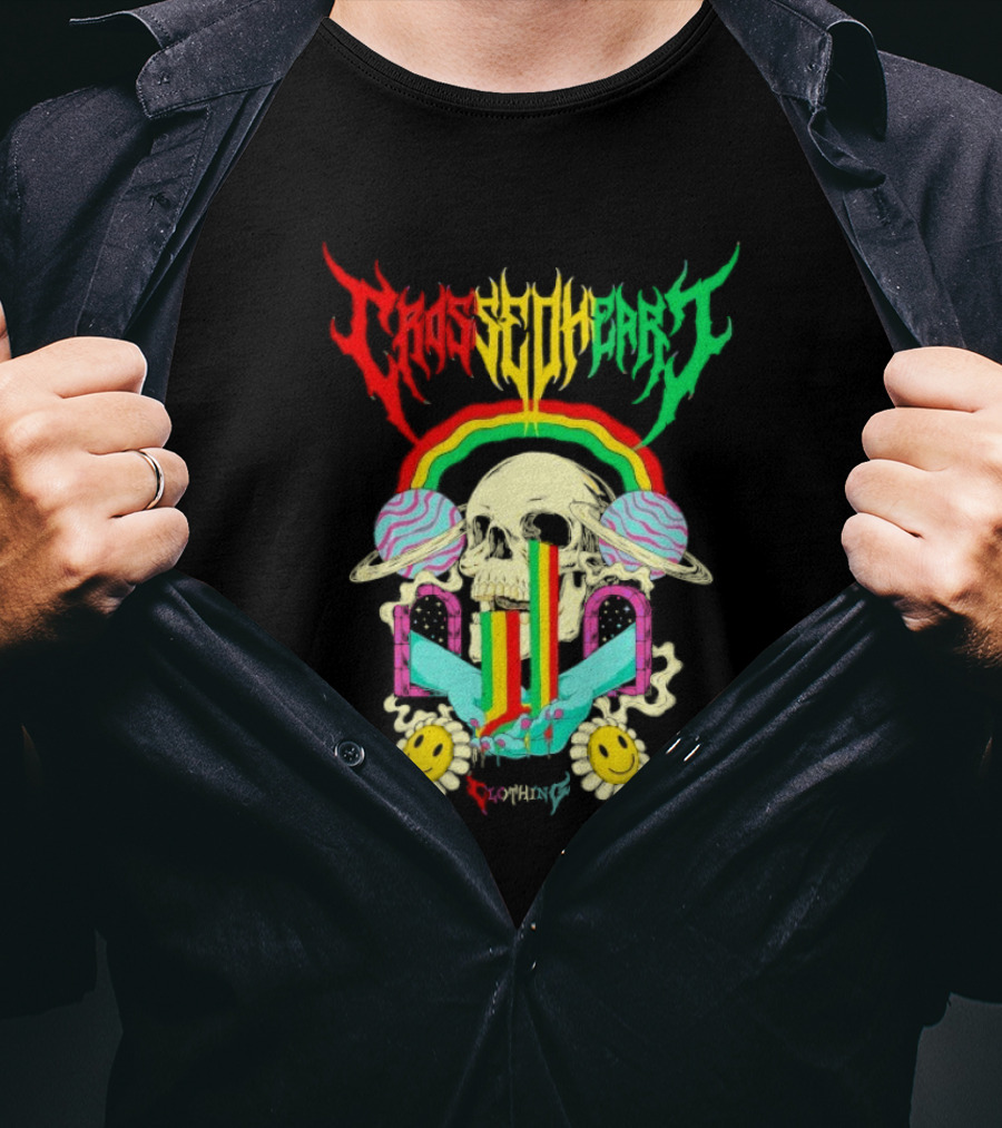 Crossed Heart Skull With Rainbow And Smiley Faces T-Shirt
