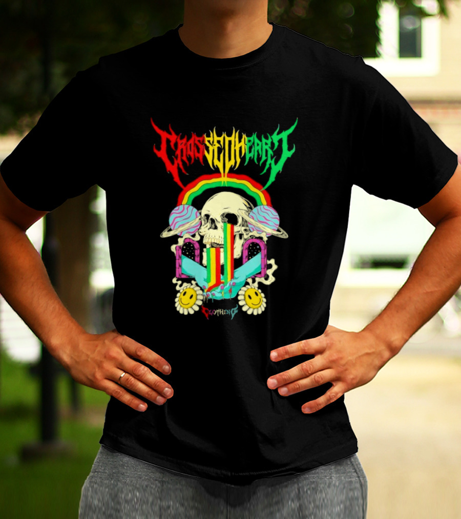 Crossed Heart Skull With Rainbow And Smiley Faces T-Shirt
