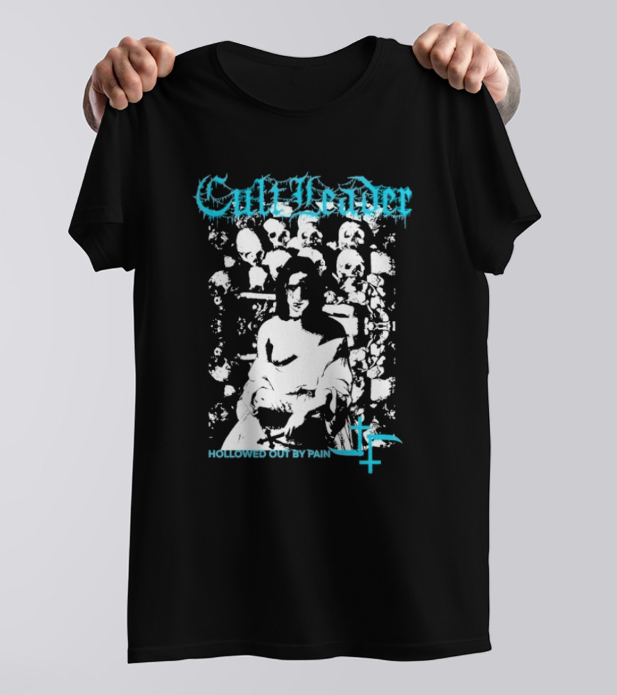 Cult Leader Hollowed Out By Pain Distorted Portrait With Inverted Cross Symbol T-Shirt