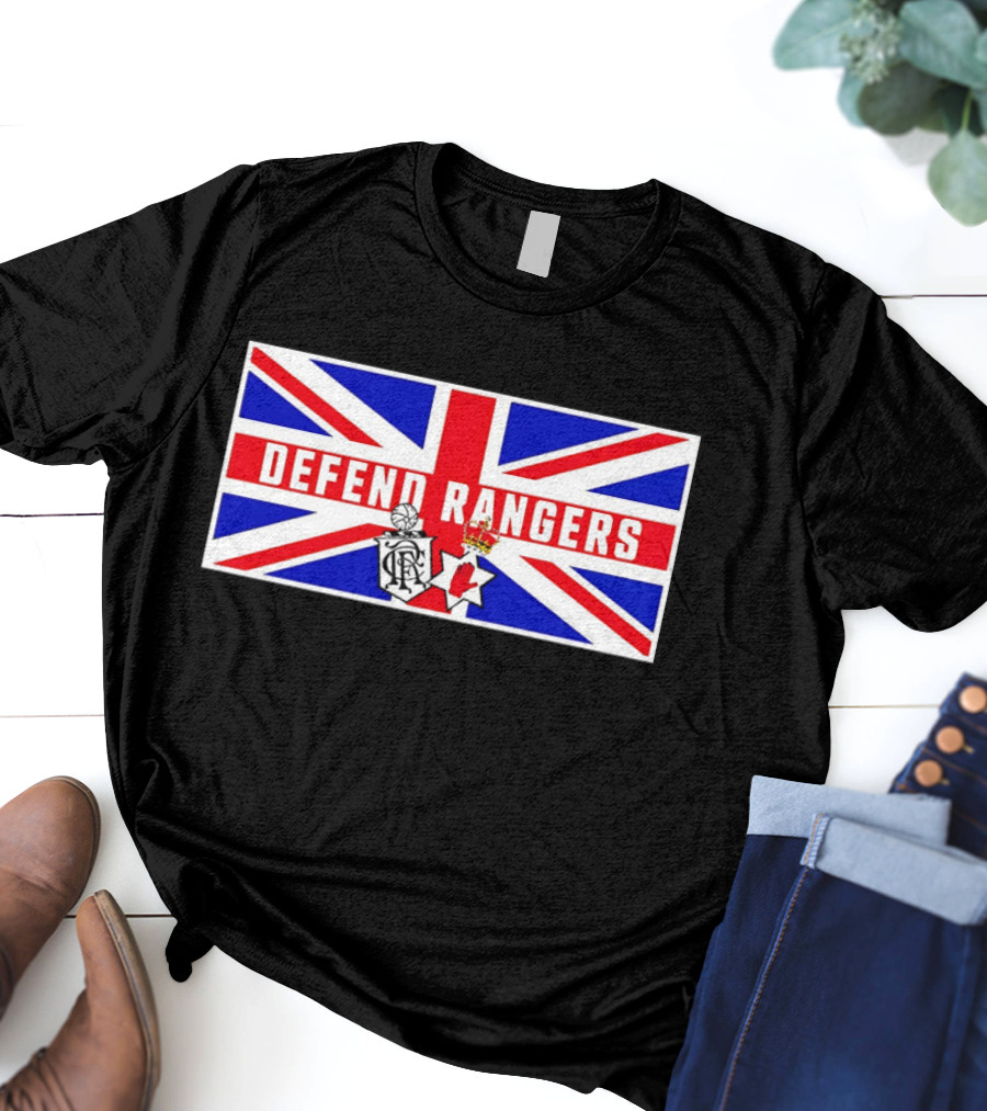 Defend Rangers Union Flag With FCRF Crest And Red Hand Of Ulster T-Shirt