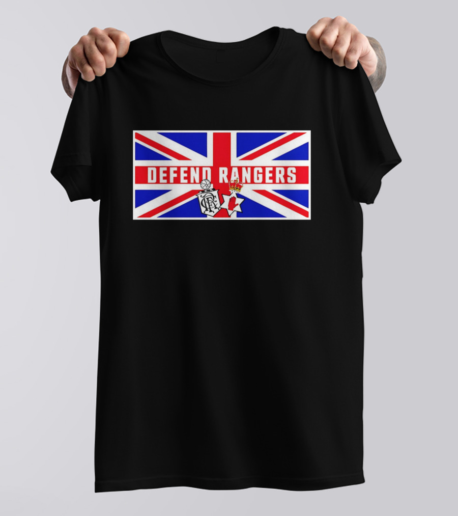 Defend Rangers Union Flag With FCRF Crest And Red Hand Of Ulster T-Shirt