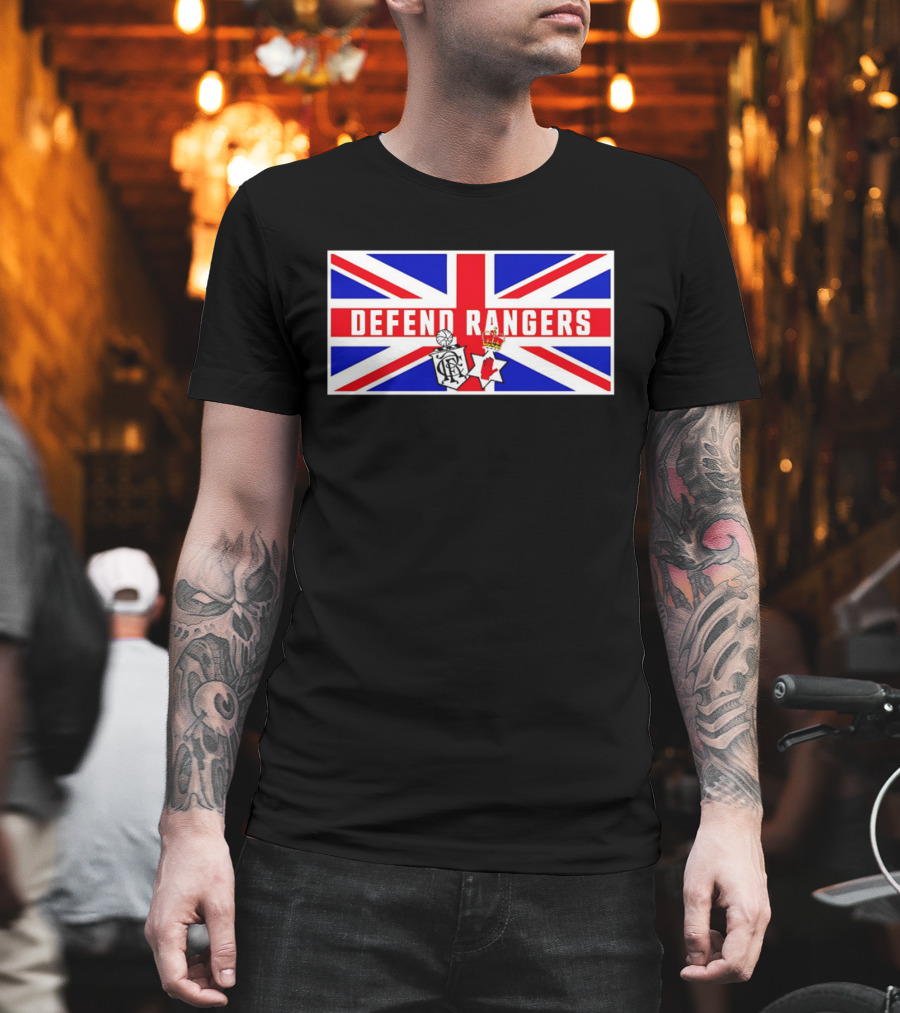 Defend Rangers Union Flag With FCRF Crest And Red Hand Of Ulster T-Shirt