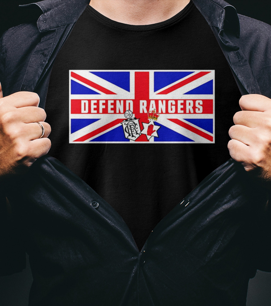 Defend Rangers Union Flag With FCRF Crest And Red Hand Of Ulster T-Shirt