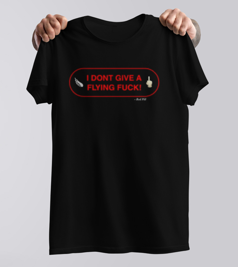 I DON'T GIVE A FLYING FUCK Red Oval With White Feather And Middle Finger T-Shirt