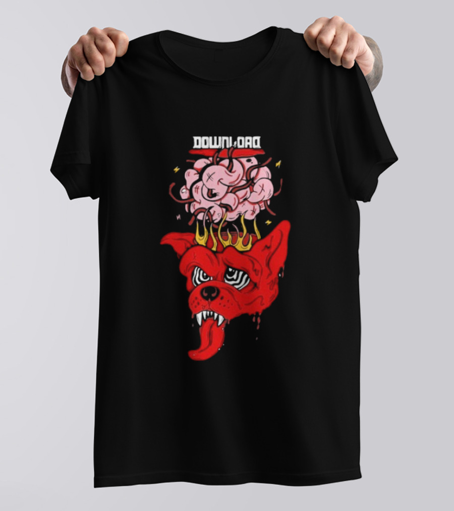 Download Festival Brain Explosion Red Dog Flames Quirky Cartoon Style T-Shirt