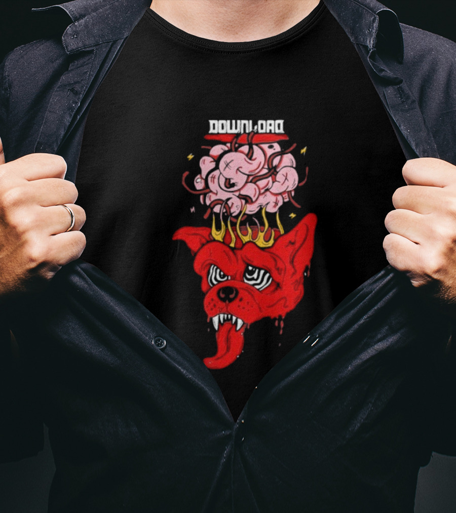 Download Festival Brain Explosion Red Dog Flames Quirky Cartoon Style T-Shirt