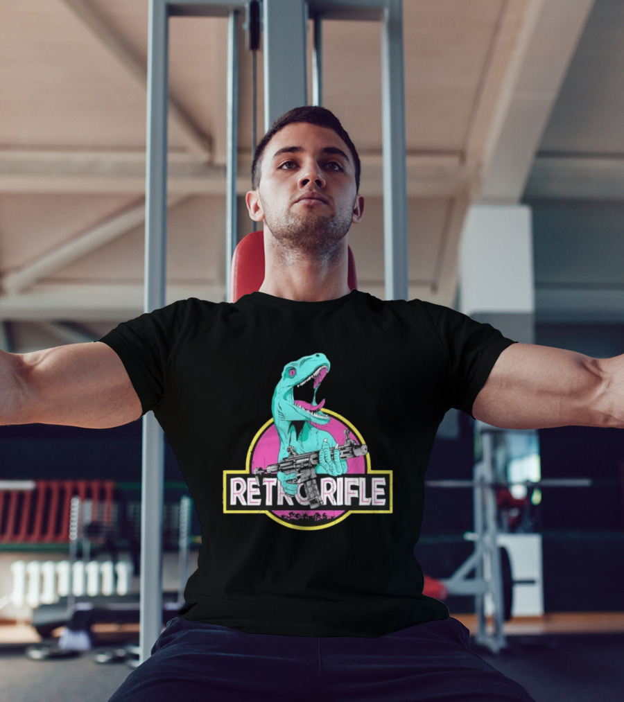 Retro Rifle Dinosaur Holding Gun Vintage Style T-Shirt