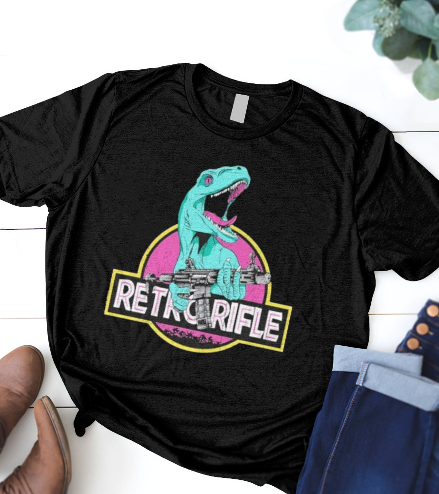 Retro Rifle Dinosaur Holding Gun Vintage Style T-Shirt