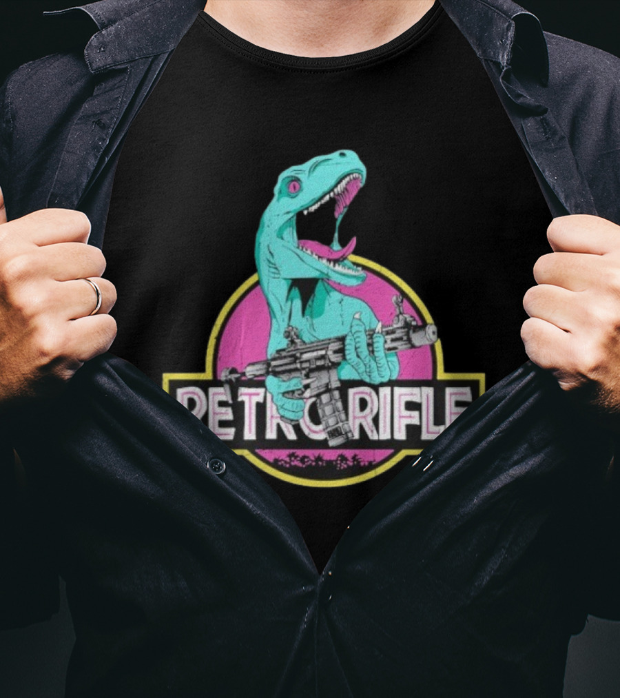 Retro Rifle Dinosaur Holding Gun Vintage Style T-Shirt