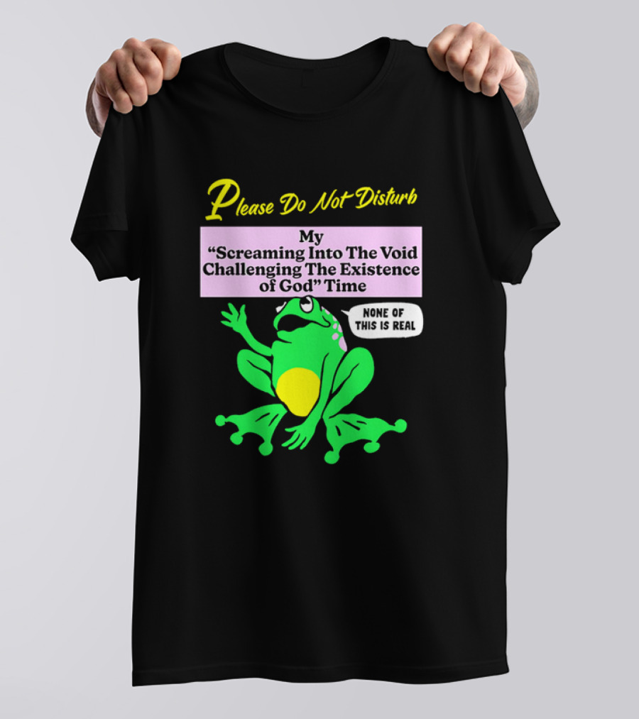 Please Do Not Disturb My Screaming Into The Void Challenging The Existence Of God Time None Of This Is Real Frog T-Shirt