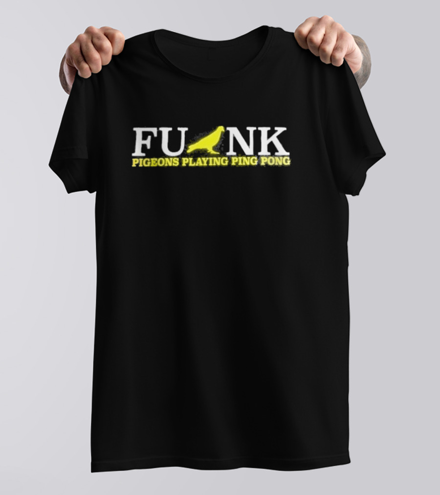 Funk Pigeons Playing Ping Pong Banana Yellow On Black T-Shirt