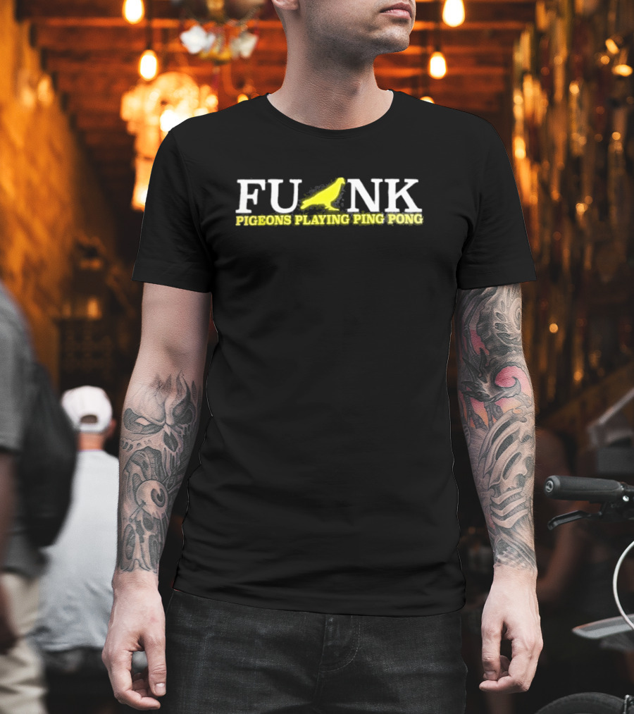 Funk Pigeons Playing Ping Pong Banana Yellow On Black T-Shirt