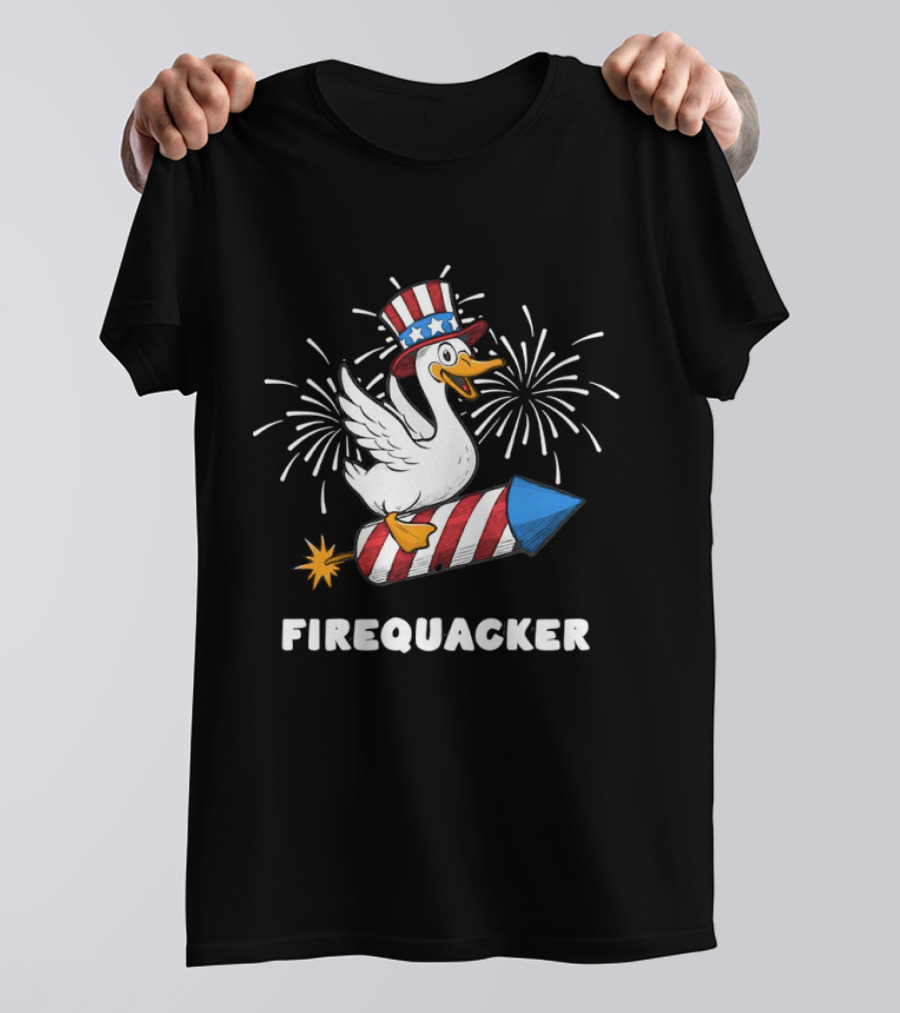 Firequacker Patriotic Duck With Rocket And Fireworks T-Shirt