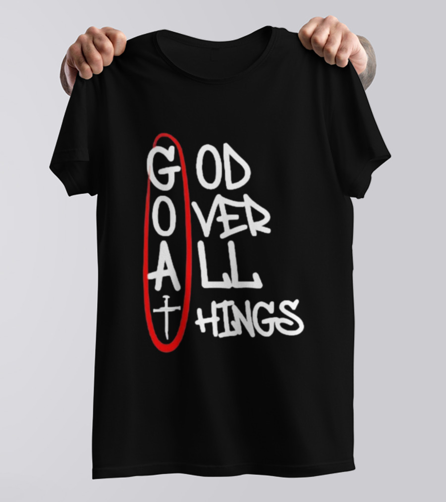 GOAT God Over All Things Sword Cross Graphic Red Oval T-Shirt