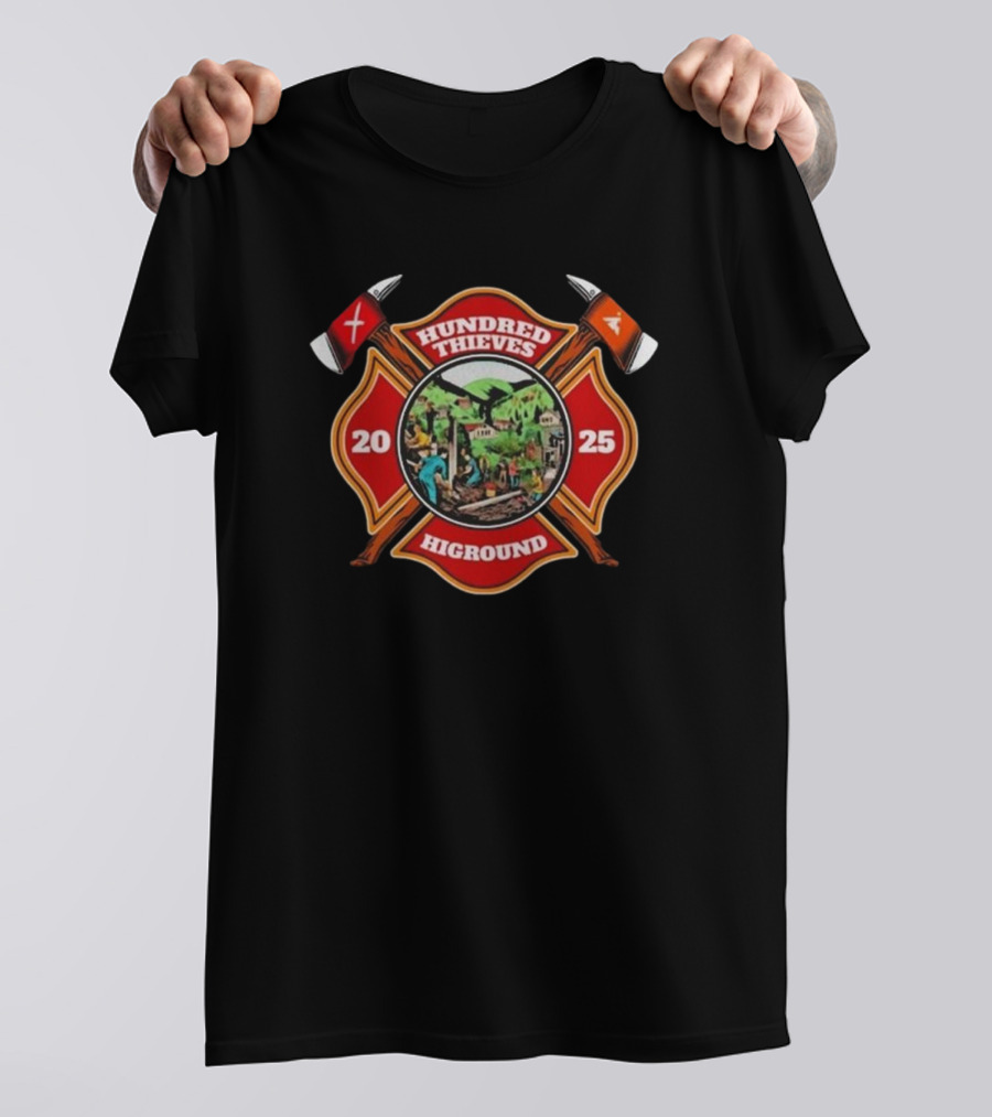 Hundred Thieves Higround 2025 Badge With Axes And Mountain Scene T-Shirt
