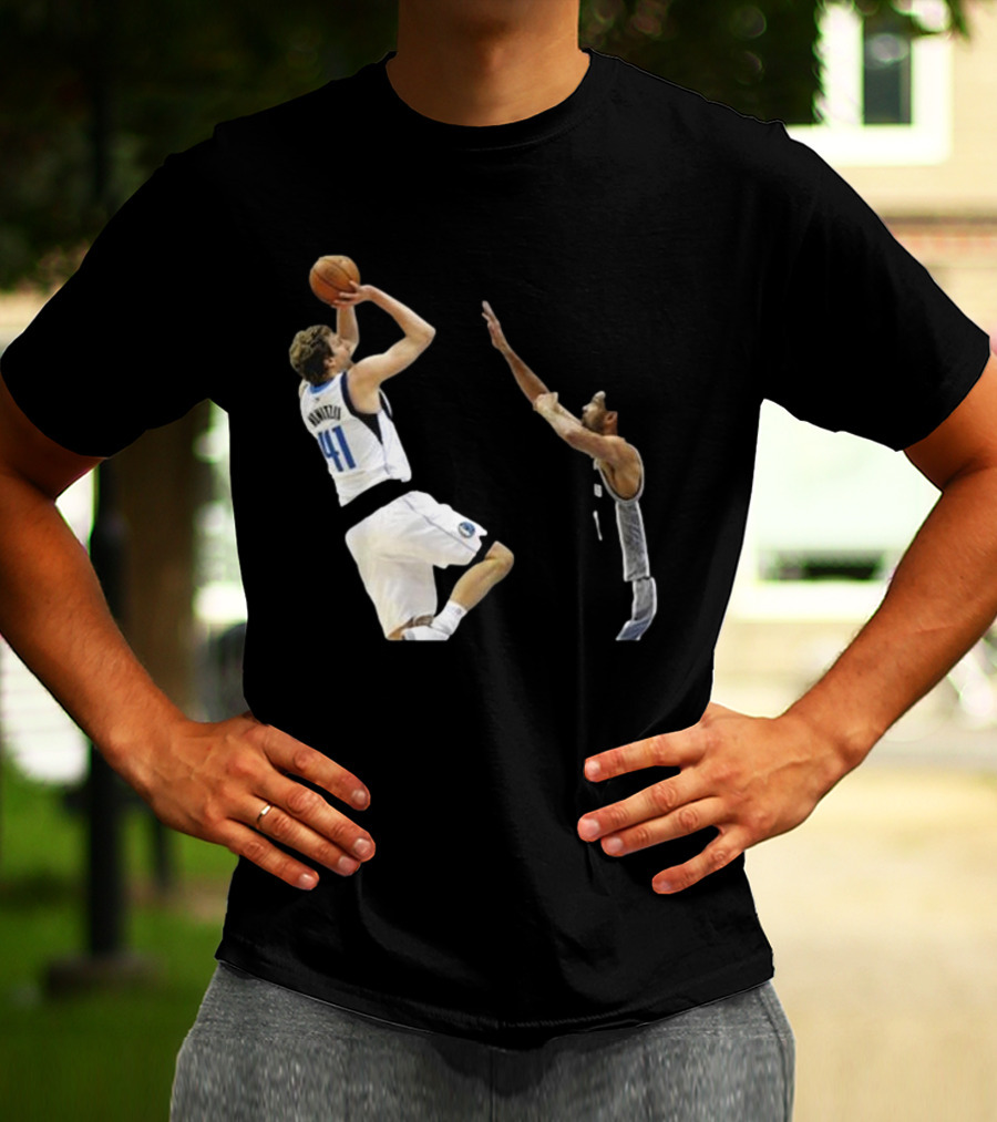 Dirk Nowitzki Fadeaway Jumper Over Tim Duncan NBA Iconic Moment T-Shirt