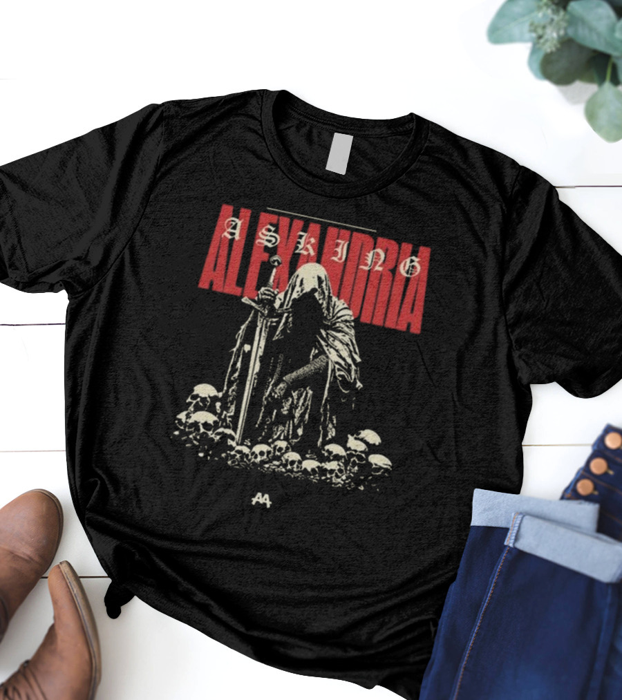 Asking Alexandria Skeleton Cloaked Figure With Sword Among Skulls T-Shirt