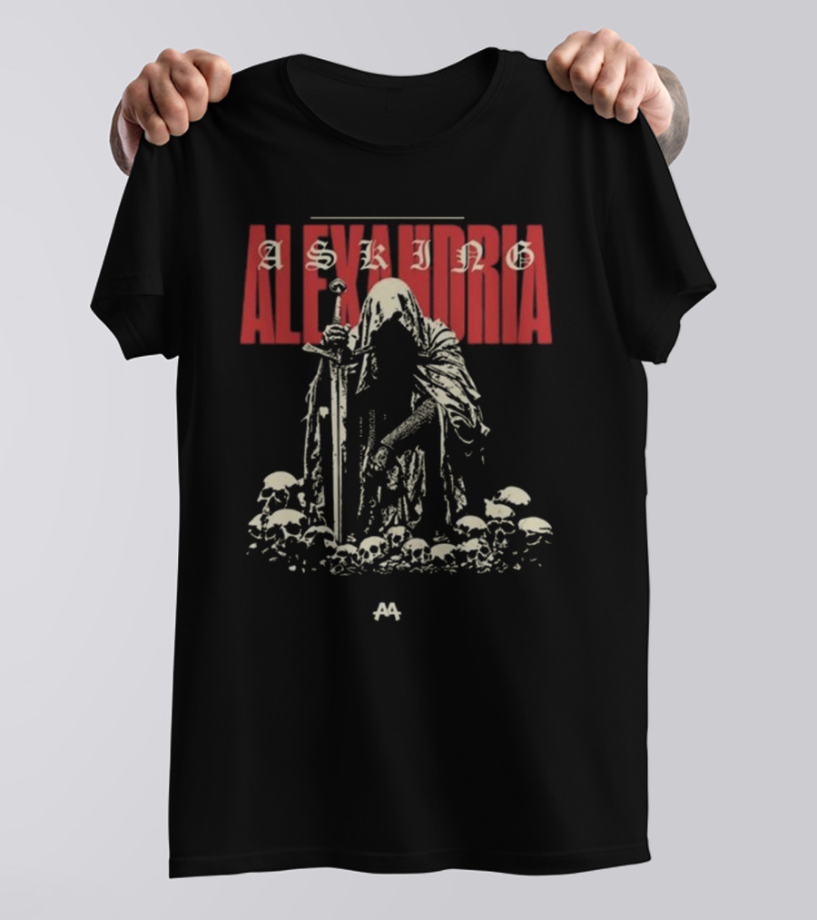 Asking Alexandria Skeleton Cloaked Figure With Sword Among Skulls T-Shirt