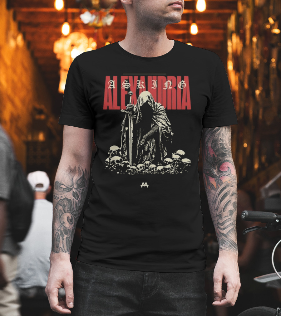 Asking Alexandria Skeleton Cloaked Figure With Sword Among Skulls T-Shirt