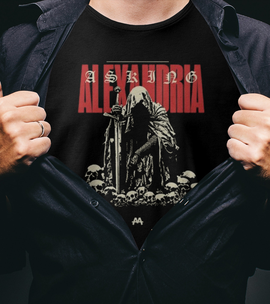Asking Alexandria Skeleton Cloaked Figure With Sword Among Skulls T-Shirt
