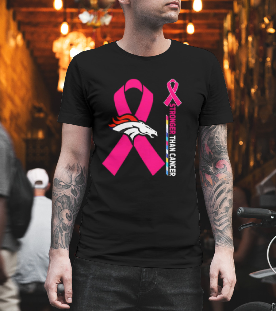 Denver Broncos Pink Ribbon Stronger Than Cancer Awareness T-Shirt