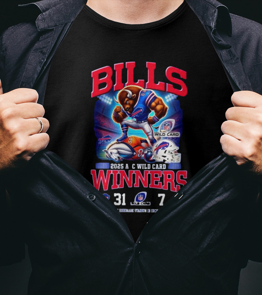 Buffalo Bills 2025 AFC Wild Card Winner Beat Denver Broncos 31-7 Mascot T-Shirt