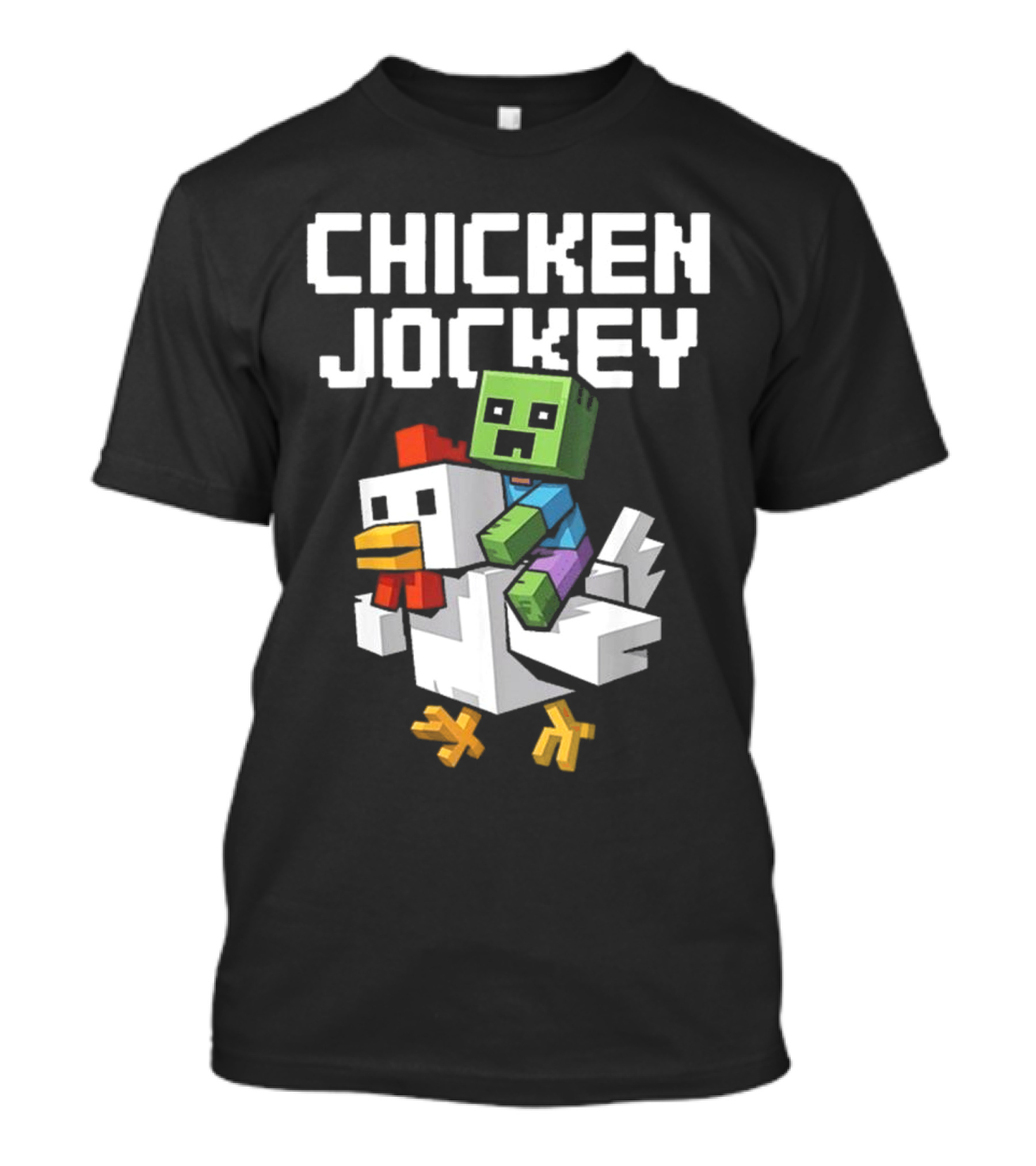 CHICKEN JOCKEY Pixelated Green Zombie Riding White Chicken T-Shirt