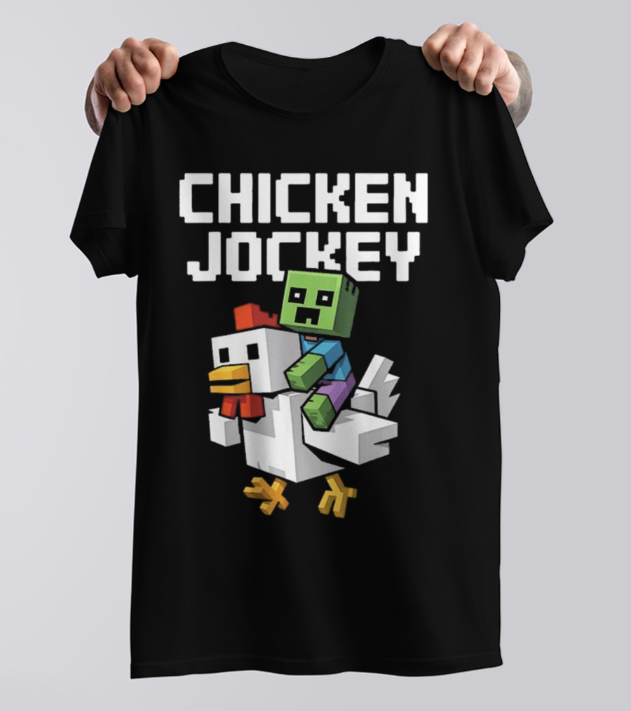 CHICKEN JOCKEY Pixelated Green Zombie Riding White Chicken T-Shirt