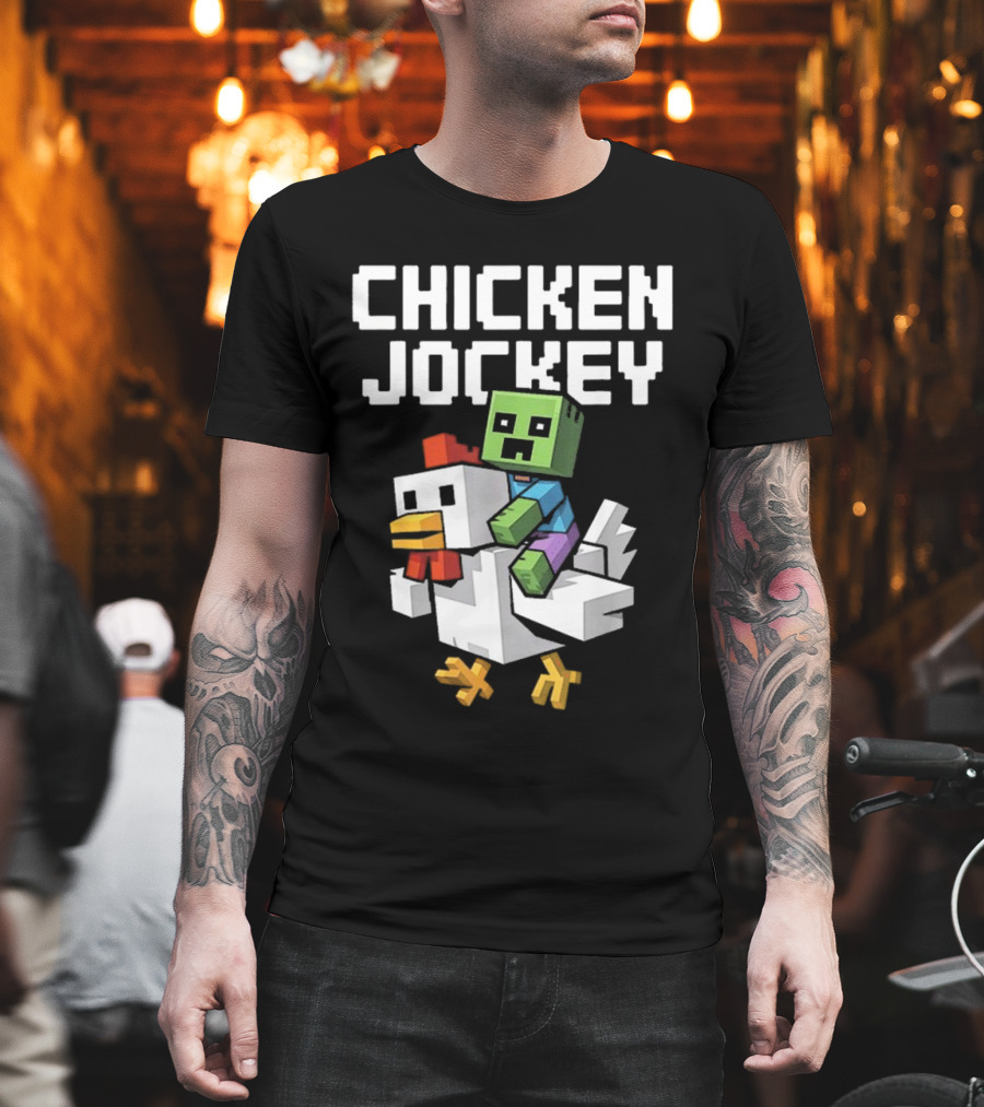 CHICKEN JOCKEY Pixelated Green Zombie Riding White Chicken T-Shirt
