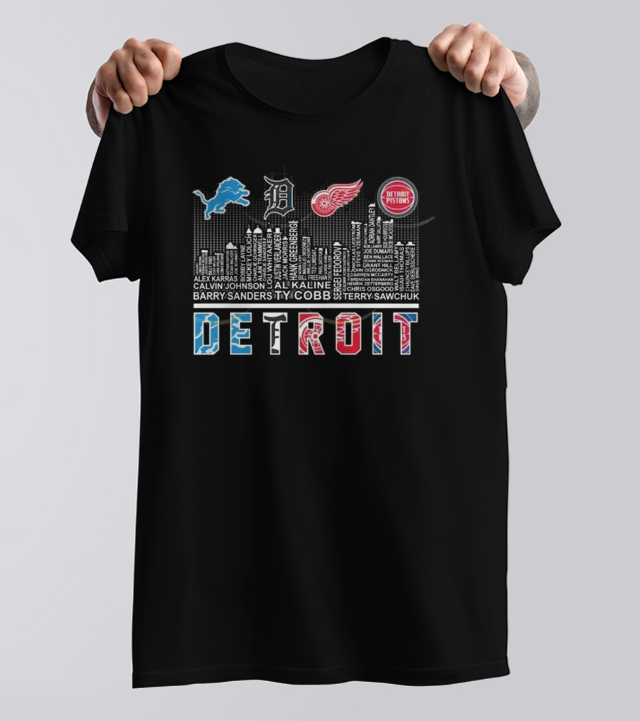Detroit Lions X Detroit Tigers X Detroit Red Wings X Detroit Pistons Skyline 2025 T-Shirt