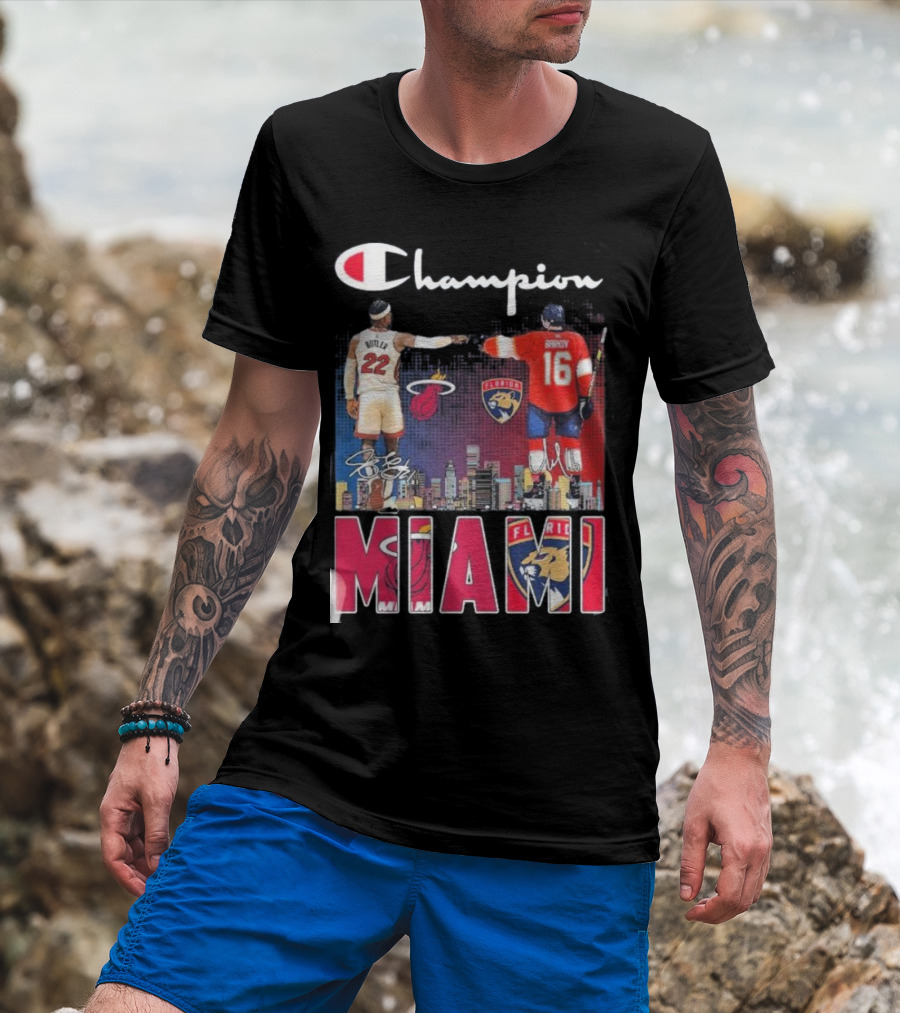 Champion Miami Skyline Signatures 22 Jimmy Butler 16 Aleksander Barkov Sports T-Shirt