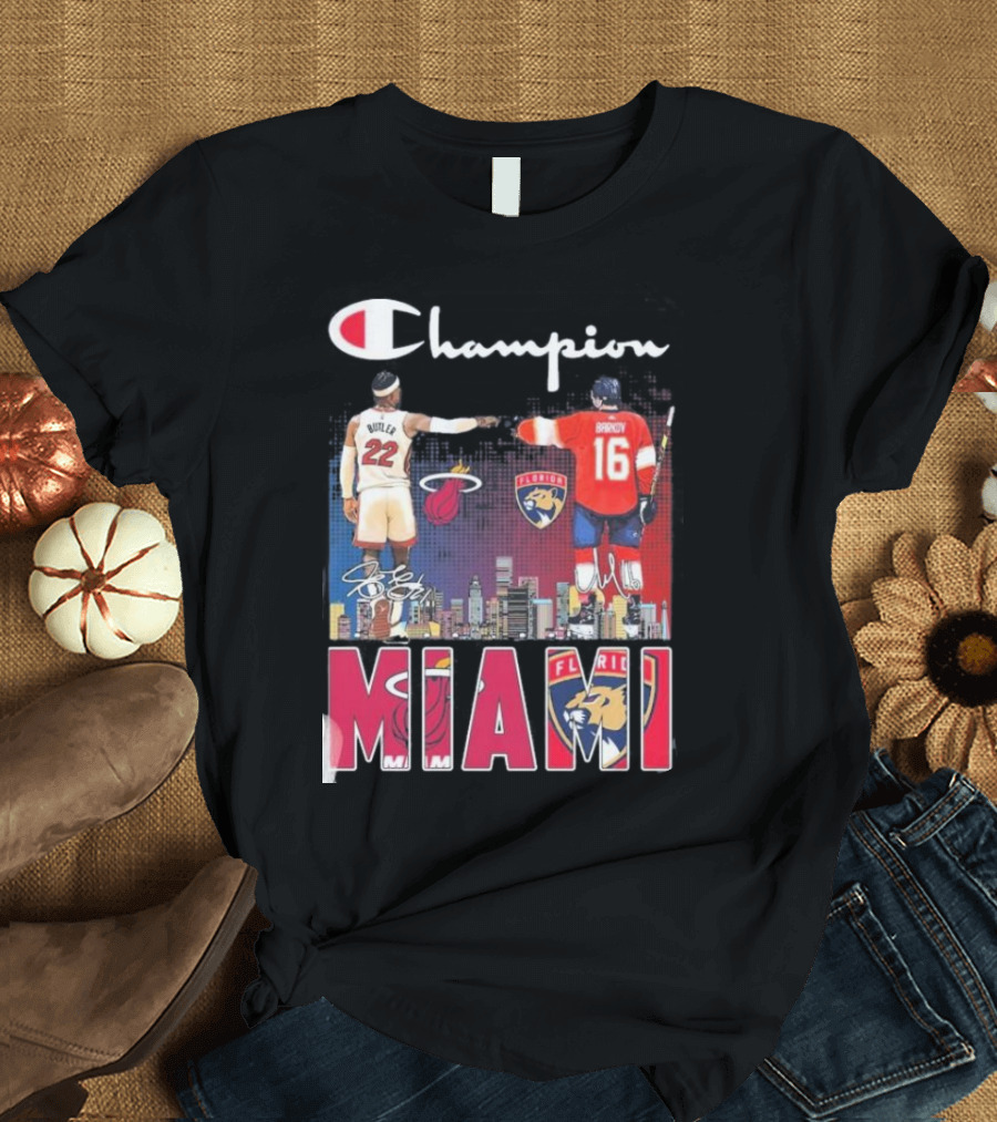 Champion Miami Skyline Signatures 22 Jimmy Butler 16 Aleksander Barkov Sports T-Shirt