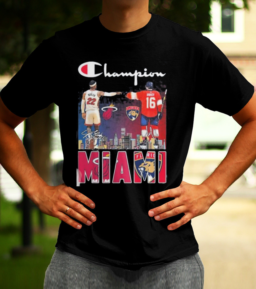 Champion Miami Skyline Signatures 22 Jimmy Butler 16 Aleksander Barkov Sports T-Shirt