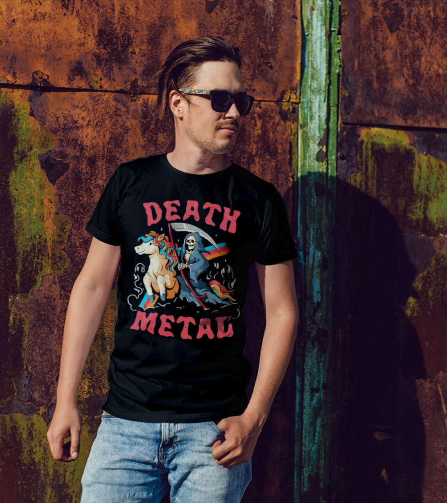 Death Metal Skull Riding Rainbow Unicorn T-Shirt