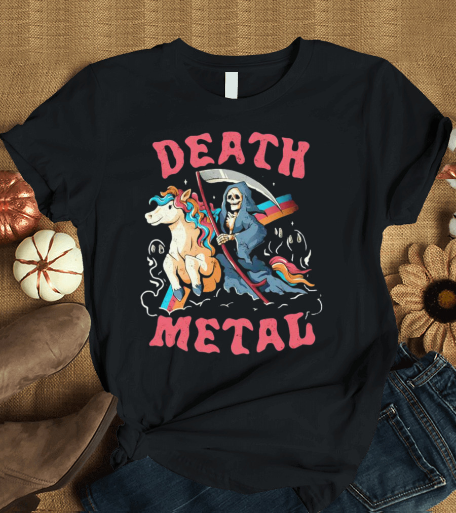 Death Metal Skull Riding Rainbow Unicorn T-Shirt