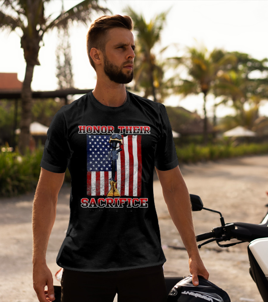 Honor Their Sacrifice Memorial Day American Flag Soldier Helmet Boot Rifle T-Shirt