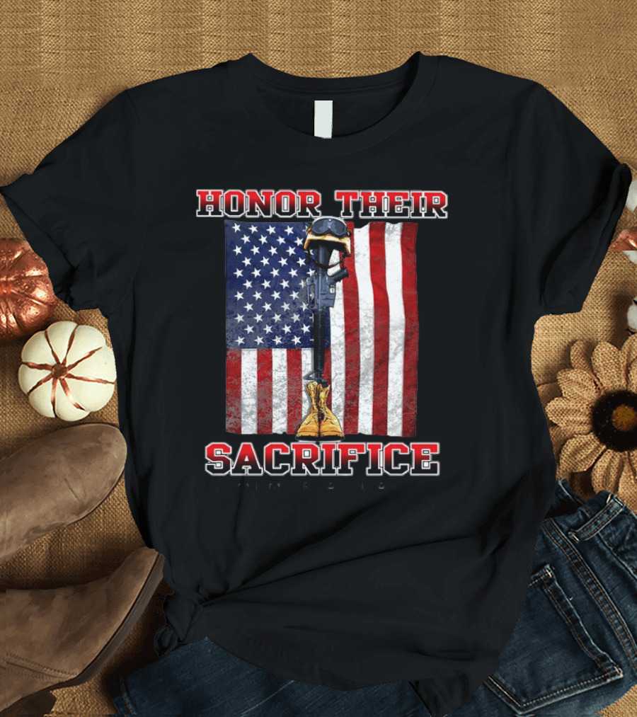Honor Their Sacrifice Memorial Day American Flag Soldier Helmet Boot Rifle T-Shirt