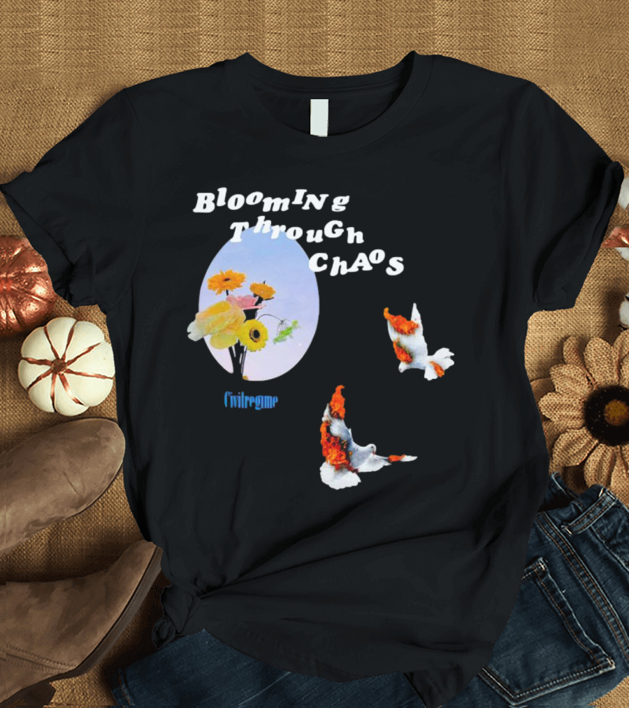 Blooming Through Chaos Civilregime Floral And Bird Motif T-Shirt