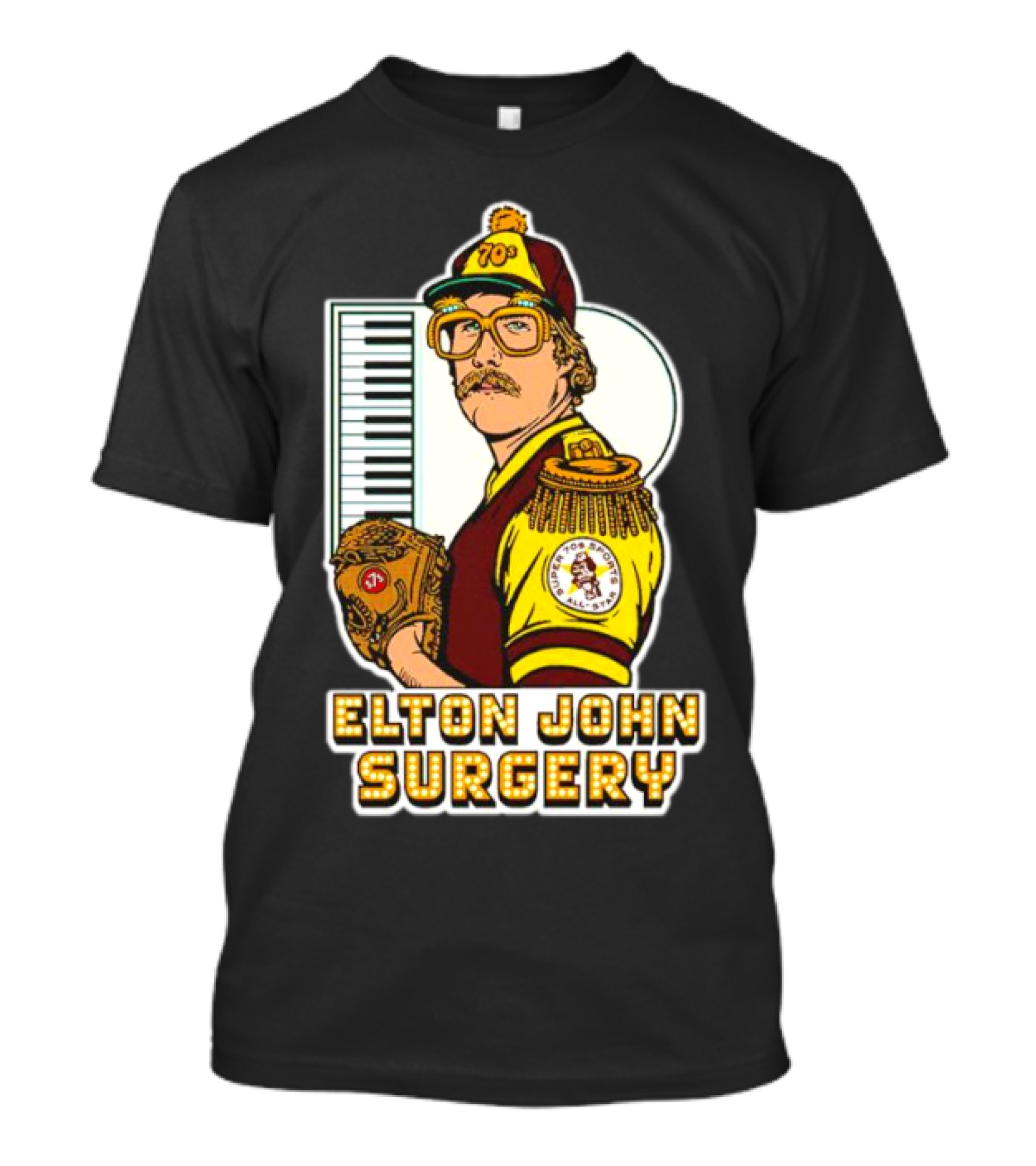 Elton John Surgery Baseball Player Keyboard 70s Patch T-Shirt