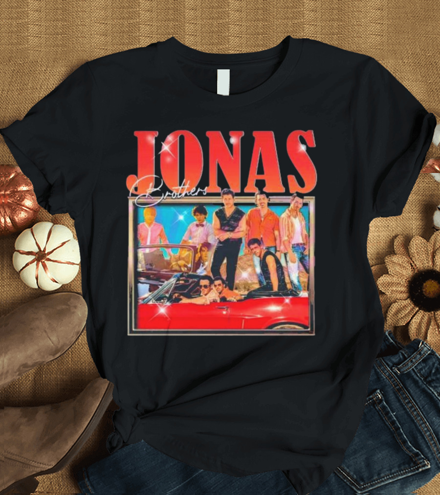 Jonas Brothers Band Retro Group Photo With Red Convertible T-Shirt