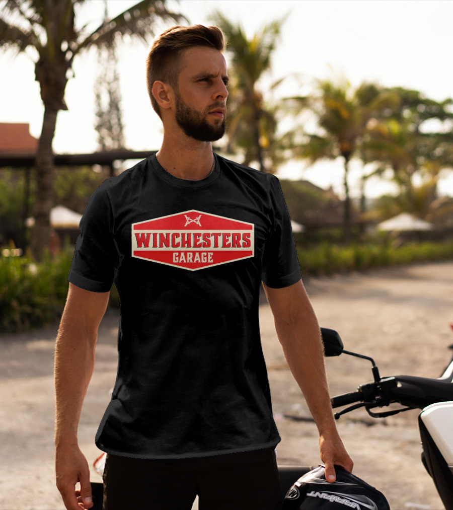 Winchester's Garage Red Hexagonal Shield With Crossed Wrenches T-Shirt
