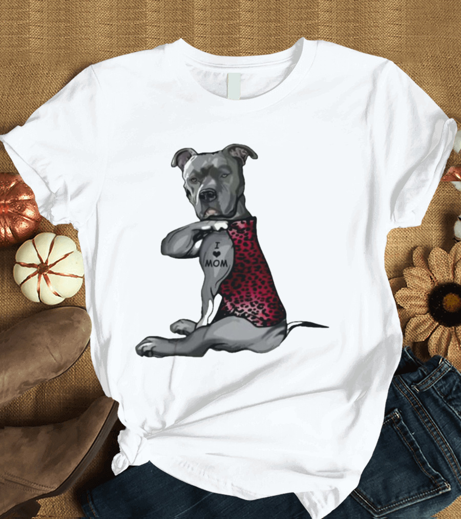 I Love Mom Dog Tattoo Red Leopard Print T-Shirt