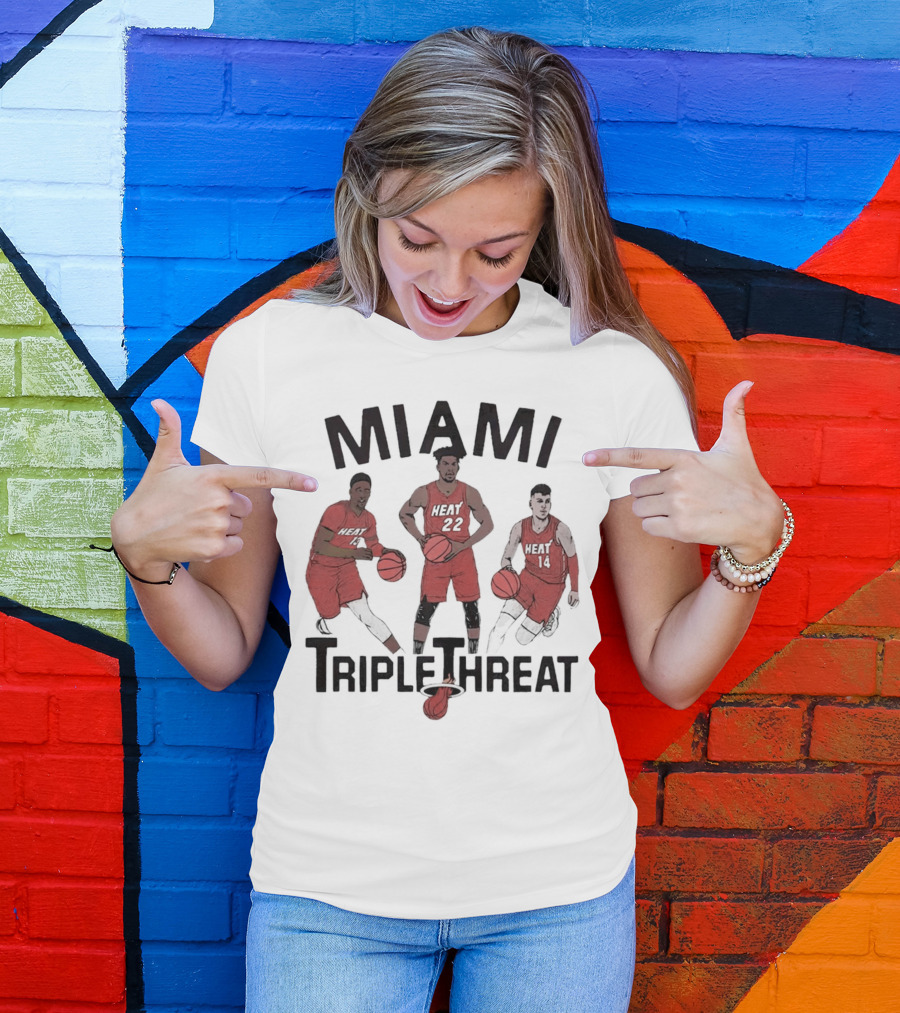 Miami Heat Bam Adebayo Jimmy Butler Tyler Herro Triple Threat T-Shirt
