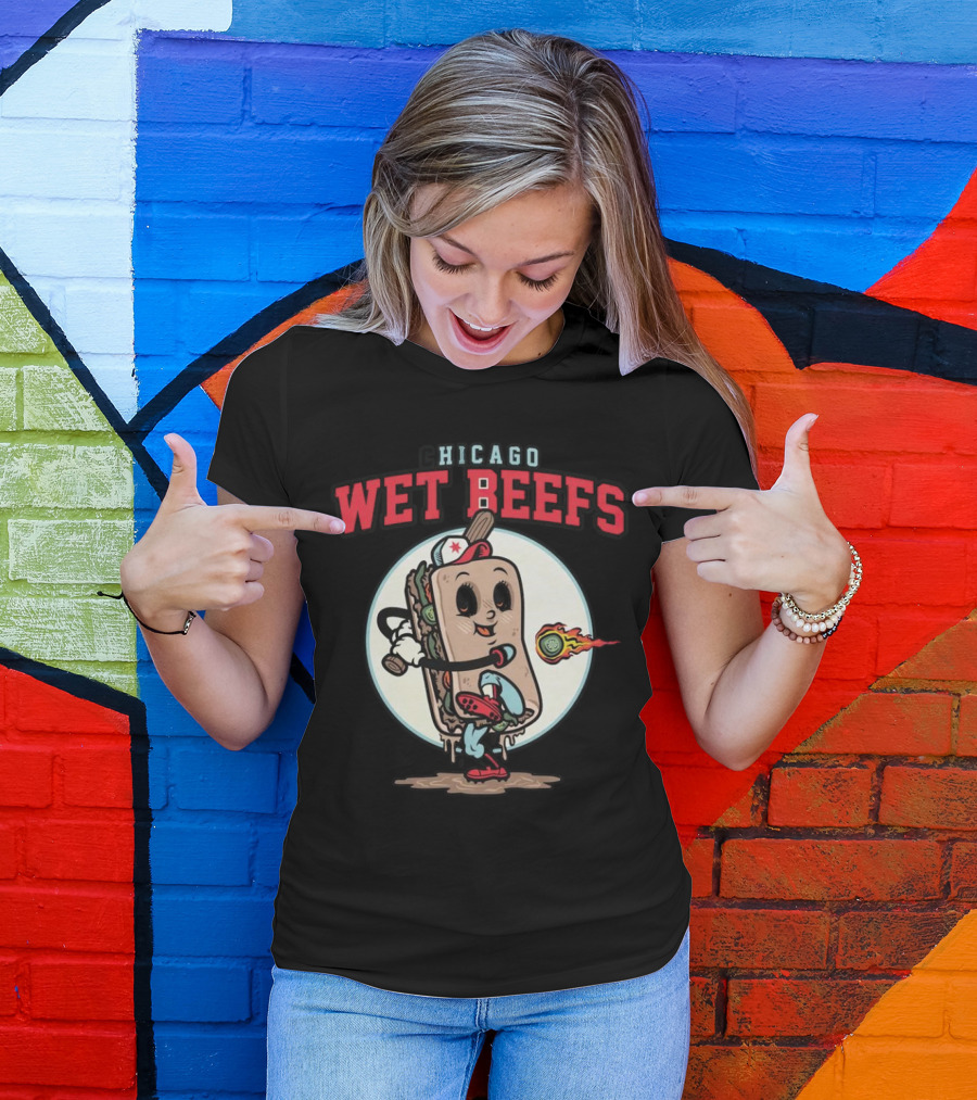 Chicago Wet Beefs Sandwich Character With Baseball Bat And Flaming Baseball T-Shirt
